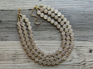 Gold Etched Purple Hologram Statement 3 Strand statement necklace, pretty big beaded chunky jewelry, golden shiny metallic jewelry necklace