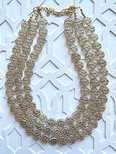 Load image into Gallery viewer, Gold Etched Purple Hologram Statement 3 Strand statement necklace, pretty big beaded chunky jewelry, golden shiny metallic jewelry necklace