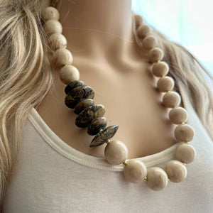 Vintage Beaded long necklace, neutral beaded statement necklace, everyday gem stone chunky layering necklace brown tan champagne