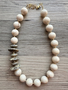 Vintage Beaded long necklace, neutral beaded statement necklace, everyday gem stone chunky layering necklace brown tan champagne