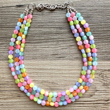Load image into Gallery viewer, Rainbow Chunky Statement Necklace, 3 layer multi Strand Beaded Jewelry, blue pink green yellow jewelry, spring necklace, Easter statement