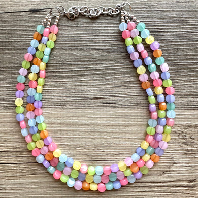 Rainbow Chunky Statement Necklace, 3 layer multi Strand Beaded Jewelry, blue pink green yellow jewelry, spring necklace, Easter statement