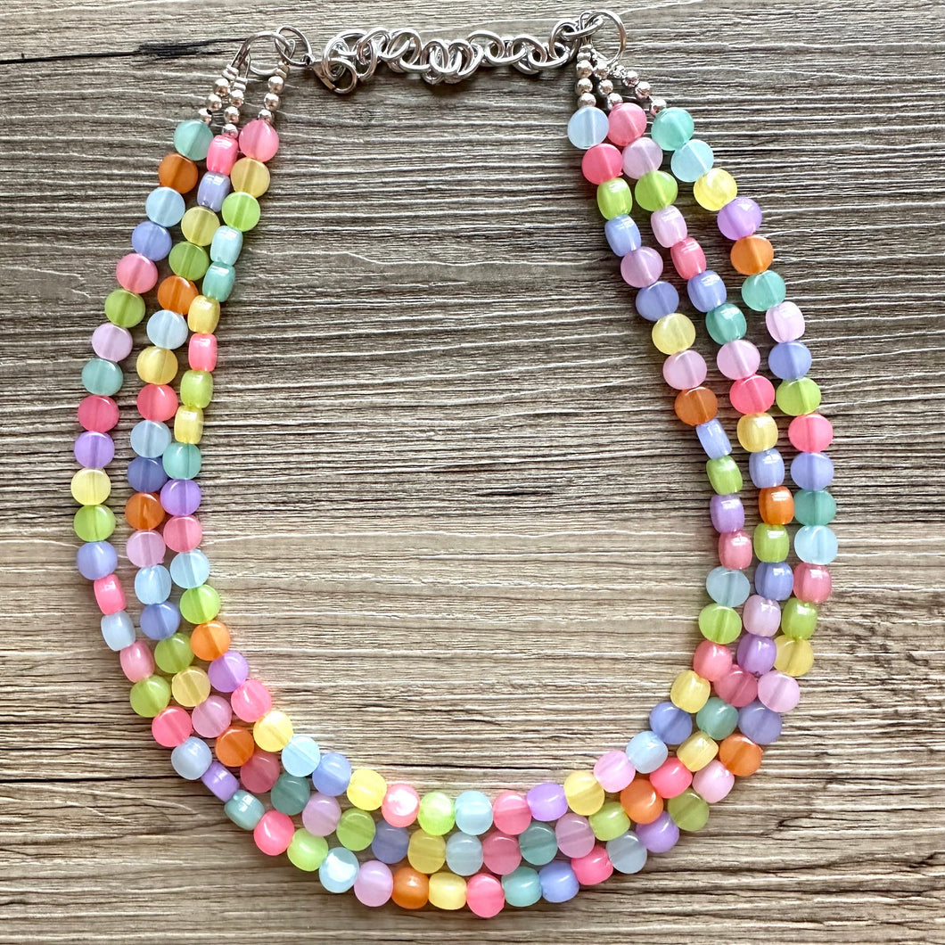 Rainbow Chunky Statement Necklace, 3 layer multi Strand Beaded Jewelry, blue pink green yellow jewelry, spring necklace, Easter statement