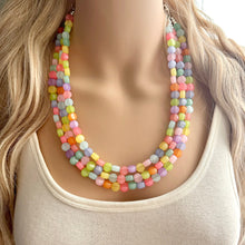 Load image into Gallery viewer, Rainbow Chunky Statement Necklace, 3 layer multi Strand Beaded Jewelry, blue pink green yellow jewelry, spring necklace, Easter statement