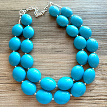 Load image into Gallery viewer, Teal Big Beaded Statement Necklace, beaded jewelry, blue jewelry, teal beaded necklace, turquoise jewelry, blue necklace, chunky beaded bib