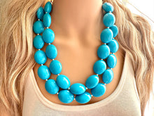 Load image into Gallery viewer, Teal Big Beaded Statement Necklace, beaded jewelry, blue jewelry, teal beaded necklace, turquoise jewelry, blue necklace, chunky beaded bib