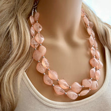 Load image into Gallery viewer, Petite Peach Big Beaded Statement Necklace, beaded jewelry, peach beaded necklace, coral necklace chunky beaded bib earrings