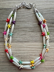 Starfish Party Statement Necklace, chunky beaded jewelry, rainbow necklace, beaded jewelry, vacation necklace island tropical pearl