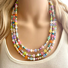 Load image into Gallery viewer, Colorful Spring Statement Necklace, Soft tone Beaded Necklace, Chunky bib necklace, pastel necklace, jewelry, bridesmaid necklace