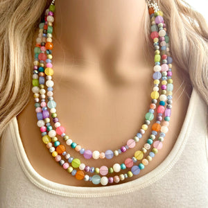 Colorful Spring Statement Necklace, Soft tone Beaded Necklace, Chunky bib necklace, pastel necklace, jewelry, bridesmaid necklace