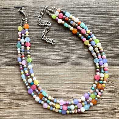 Colorful Spring Statement Necklace, Soft tone Beaded Necklace, Chunky bib necklace, pastel necklace, jewelry, bridesmaid necklace