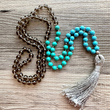 Load image into Gallery viewer, Shades of Blue Long Statement Necklace, long tassel silver necklace, beaded long necklace, smoke gray turquoise royal aqua