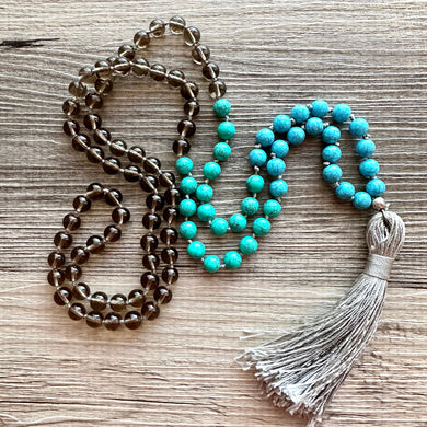 Shades of Blue Long Statement Necklace, long tassel silver necklace, beaded long necklace, smoke gray turquoise royal aqua