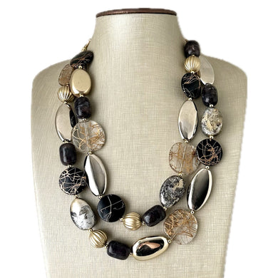 Black & Metallic Necklace, multi strand neutral jewelry, chunky statement necklace, rustic silver gold beaded layering