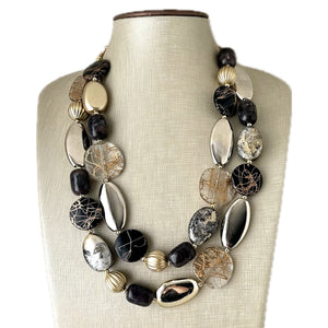 Black & Metallic Necklace, multi strand neutral jewelry, chunky statement necklace, rustic silver gold beaded layering