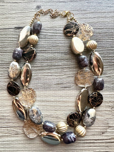 Black & Metallic Necklace, multi strand neutral jewelry, chunky statement necklace, rustic silver gold beaded layering
