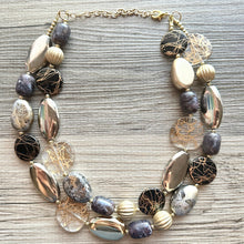 Load image into Gallery viewer, Black &amp; Metallic Necklace, multi strand neutral jewelry, chunky statement necklace, rustic silver gold beaded layering