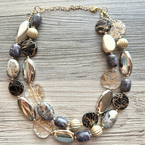 Black & Metallic Necklace, multi strand neutral jewelry, chunky statement necklace, rustic silver gold beaded layering