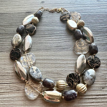 Load image into Gallery viewer, Black &amp; Metallic Necklace, multi strand neutral jewelry, chunky statement necklace, rustic silver gold beaded layering