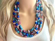 Load image into Gallery viewer, Eggplant Purple Cameo Chunky Statement Necklace 3 Strand Beaded jewelry bridesmaid bib wedding, dark purple crystal royal blue RoseGold