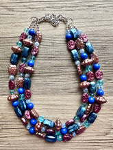 Load image into Gallery viewer, Eggplant Purple Cameo Chunky Statement Necklace 3 Strand Beaded jewelry bridesmaid bib wedding, dark purple crystal royal blue RoseGold