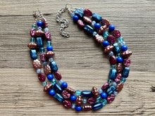 Load image into Gallery viewer, Eggplant Purple Cameo Chunky Statement Necklace 3 Strand Beaded jewelry bridesmaid bib wedding, dark purple crystal royal blue RoseGold