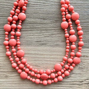 Chunky Multi Strand coral Statement Necklace, pink orange beaded jewelry, peach necklace, coral jewelry, peach bridesmaid, dressy graduated