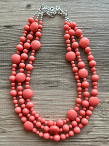 Chunky Multi Strand coral Statement Necklace, pink orange beaded jewelry, peach necklace, coral jewelry, peach bridesmaid, dressy graduated