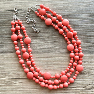 Chunky Multi Strand coral Statement Necklace, pink orange beaded jewelry, peach necklace, coral jewelry, peach bridesmaid, dressy graduated