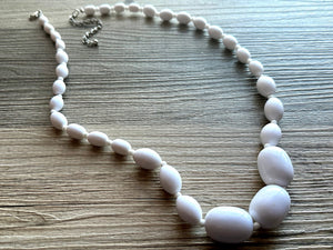 Creamy Graduated long necklace, white acrylic beaded statement necklace, everyday neutral chunky layering vintage necklace