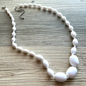 Creamy Graduated long necklace, white acrylic beaded statement necklace, everyday neutral chunky layering vintage necklace