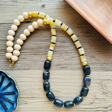 Load image into Gallery viewer, Gold + Black Beaded long necklace, neutral beaded statement necklace, everyday gem stone chunky layering necklace shiny ball beads