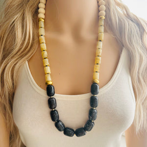 Gold + Black Beaded long necklace, neutral beaded statement necklace, everyday gem stone chunky layering necklace shiny ball beads