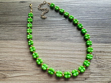 Load image into Gallery viewer, Saint Patricks Green Chunky Statement Necklace &amp; Stretch Bracelet set 1 Strand Beaded Kelly green jewelry bridesmaid earrings gold st pattys