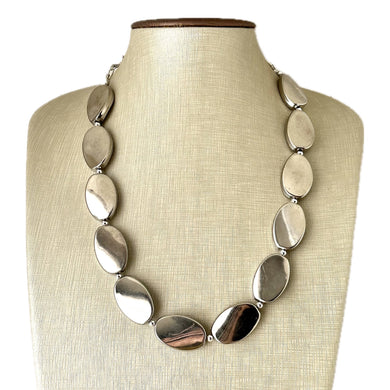Mirror Silver Single strand jewelry, bib beaded chunky statement necklace, bridesmaid metallic silver geometric gray oval earrings set