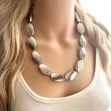 Load image into Gallery viewer, Mirror Silver Single strand jewelry, bib beaded chunky statement necklace, bridesmaid metallic silver geometric gray oval earrings set
