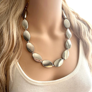 Mirror Silver Single strand jewelry, bib beaded chunky statement necklace, bridesmaid metallic silver geometric gray oval earrings set