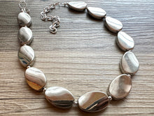 Load image into Gallery viewer, Mirror Silver Single strand jewelry, bib beaded chunky statement necklace, bridesmaid metallic silver geometric gray oval earrings set