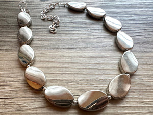 Mirror Silver Single strand jewelry, bib beaded chunky statement necklace, bridesmaid metallic silver geometric gray oval earrings set