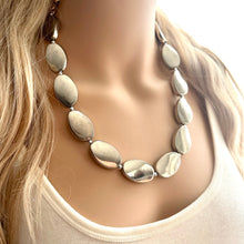 Load image into Gallery viewer, Mirror Silver Single strand jewelry, bib beaded chunky statement necklace, bridesmaid metallic silver geometric gray oval earrings set