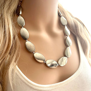Mirror Silver Single strand jewelry, bib beaded chunky statement necklace, bridesmaid metallic silver geometric gray oval earrings set