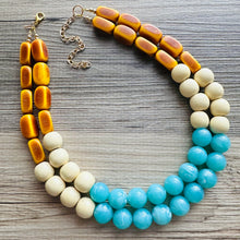 Load image into Gallery viewer, Shore to Sea Chunky Statement Necklace, double strand necklace, blue cream brown necklace, aqua blue wedding bridesmaid bib resin jewelry