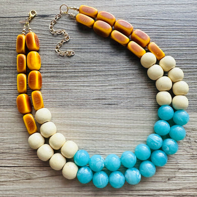 Shore to Sea Chunky Statement Necklace, double strand necklace, blue cream brown necklace, aqua blue wedding bridesmaid bib resin jewelry