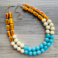Load image into Gallery viewer, Shore to Sea Chunky Statement Necklace, double strand necklace, blue cream brown necklace, aqua blue wedding bridesmaid bib resin jewelry