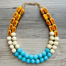 Load image into Gallery viewer, Shore to Sea Chunky Statement Necklace, double strand necklace, blue cream brown necklace, aqua blue wedding bridesmaid bib resin jewelry