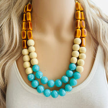 Load image into Gallery viewer, Shore to Sea Chunky Statement Necklace, double strand necklace, blue cream brown necklace, aqua blue wedding bridesmaid bib resin jewelry