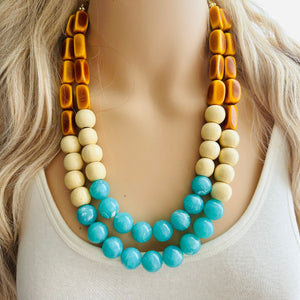 Shore to Sea Chunky Statement Necklace, double strand necklace, blue cream brown necklace, aqua blue wedding bridesmaid bib resin jewelry