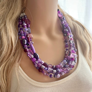 Girls Trip Necklace, Beaded 5 Layer Necklace, bead statement necklace, lavender purple royal eggplant beaded bib chunky