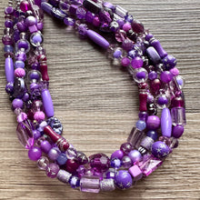 Load image into Gallery viewer, Girls Trip Necklace, Beaded 5 Layer Necklace, bead statement necklace, lavender purple royal eggplant beaded bib chunky