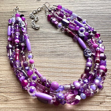 Load image into Gallery viewer, Girls Trip Necklace, Beaded 5 Layer Necklace, bead statement necklace, lavender purple royal eggplant beaded bib chunky